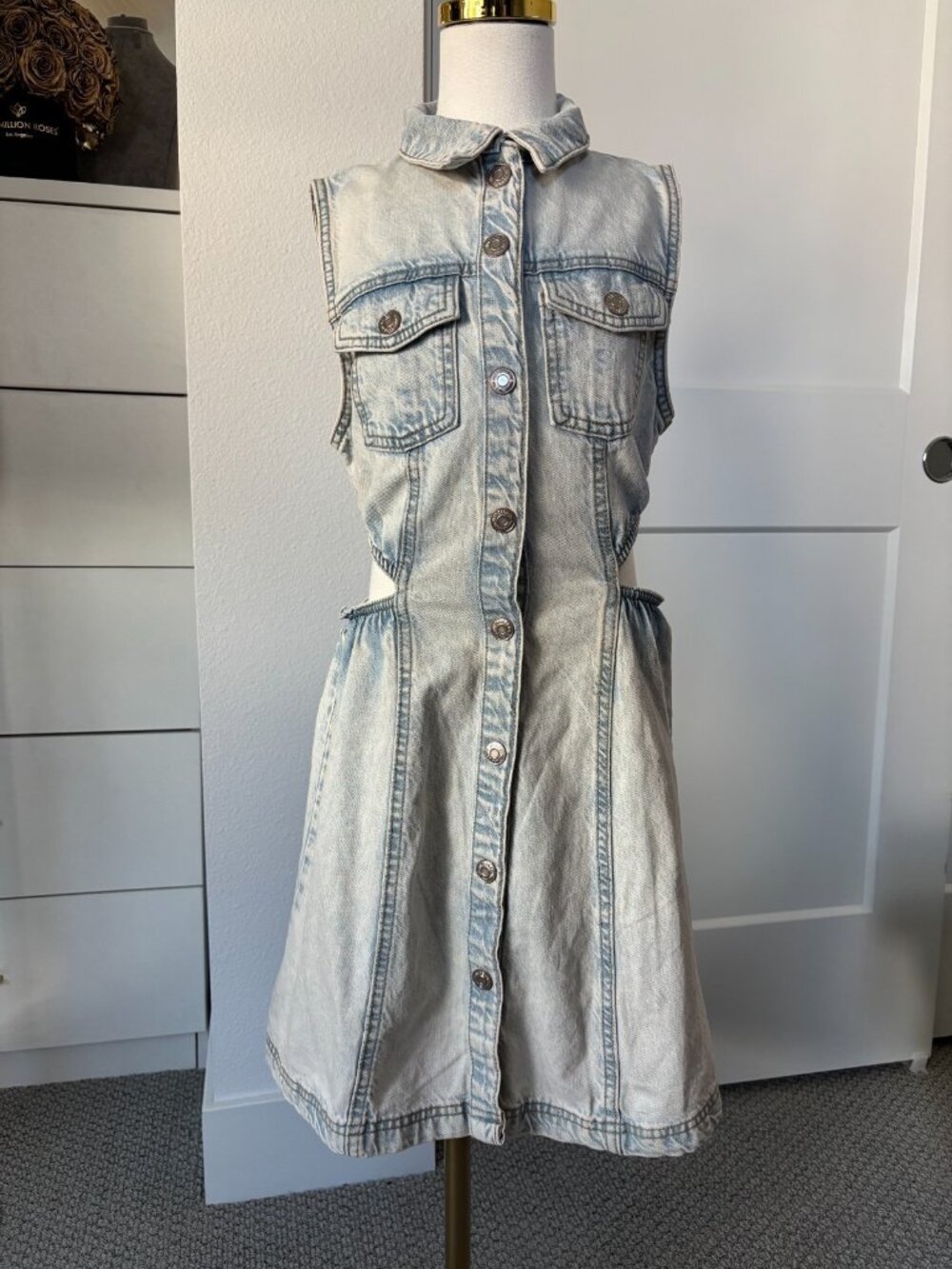 ZARA Kids Blue Jean Button Up Dress Girl's Size 11-12 Sleeveless Front Pockets